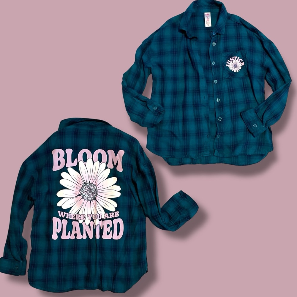 💙4/$28💙 Justice “Bloom Where You Are Planted” Graphic Flannel Shirt (Size S 7/8)